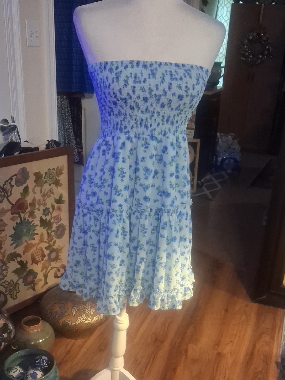 A New Strapless Blue Floral Smocked Sundress With Tag Fully Lined